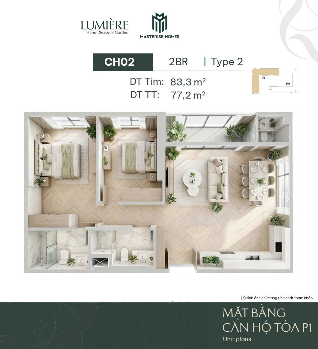 Layout 3D Toà L1 căn CH-02 — 2BR Type 2, 83,3 m² tim tường