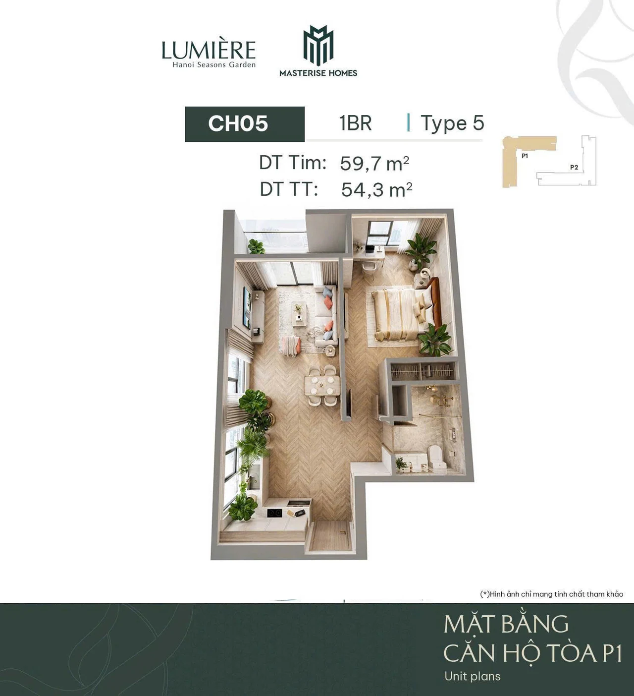 Layout 3D Toà L1 căn CH-05 — 1BR Type 5, 59,7 m² tim tường