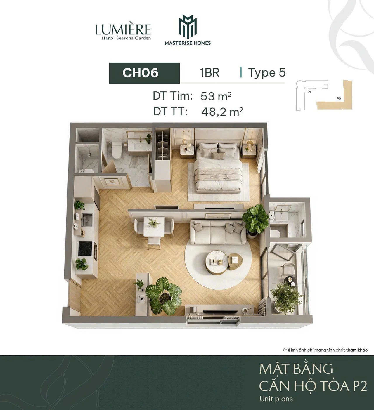 Layout 3D Toà L2 căn CH-06 — 1BR Type 5, 53 m² tim tường
