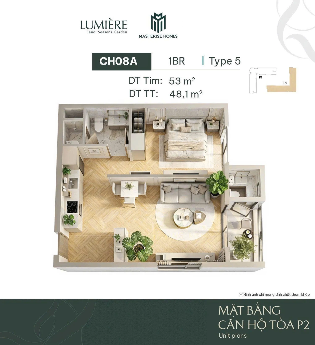 Layout 3D Toà L2 căn CH-08A — 1BR Type 5, 53 m² tim tường